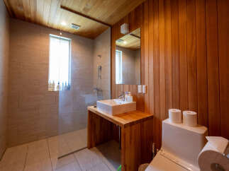 This modern bathroom boasts a sleek design with a glass shower enclosure, wooden wall paneling, and a stylish vanity.