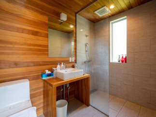 This modern bathroom boasts a sleek design with wood paneling and a glass-enclosed shower.