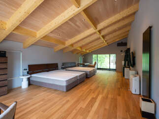 This stunning bedroom boasts a vaulted wood ceiling and expansive windows showcasing lush greenery.