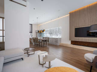 Stunning modern living space with open floor plan, seamlessly connecting the kitchen and living room.