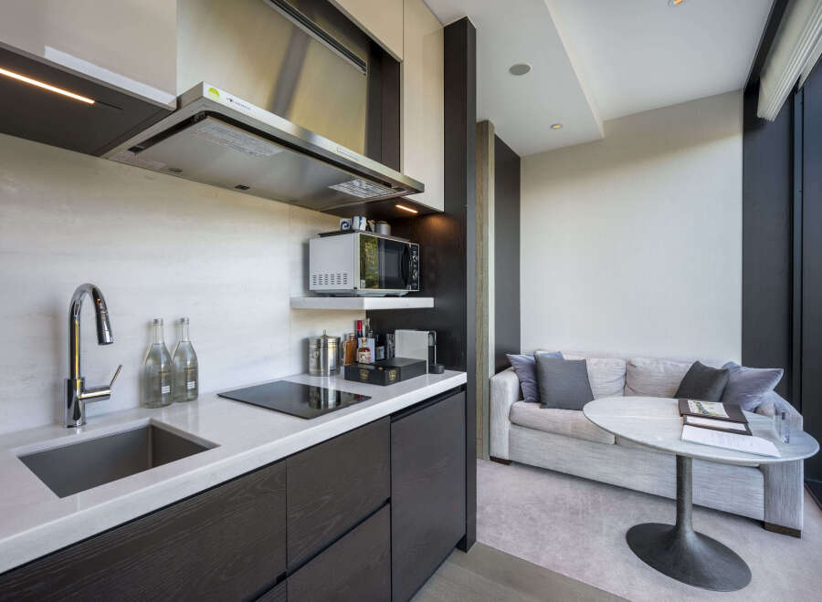 This modern apartment boasts a stylish kitchenette with integrated appliances and sleek dark wood cabinetry.