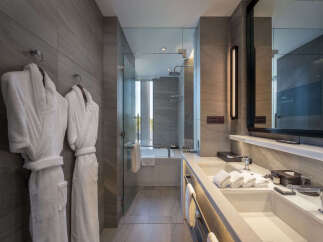 Luxurious bathroom with double sinks, a soaking tub, and a walk-in shower.