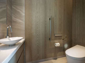 This luxurious bathroom boasts a sleek, modern design with a white vessel sink and a contemporary toilet.