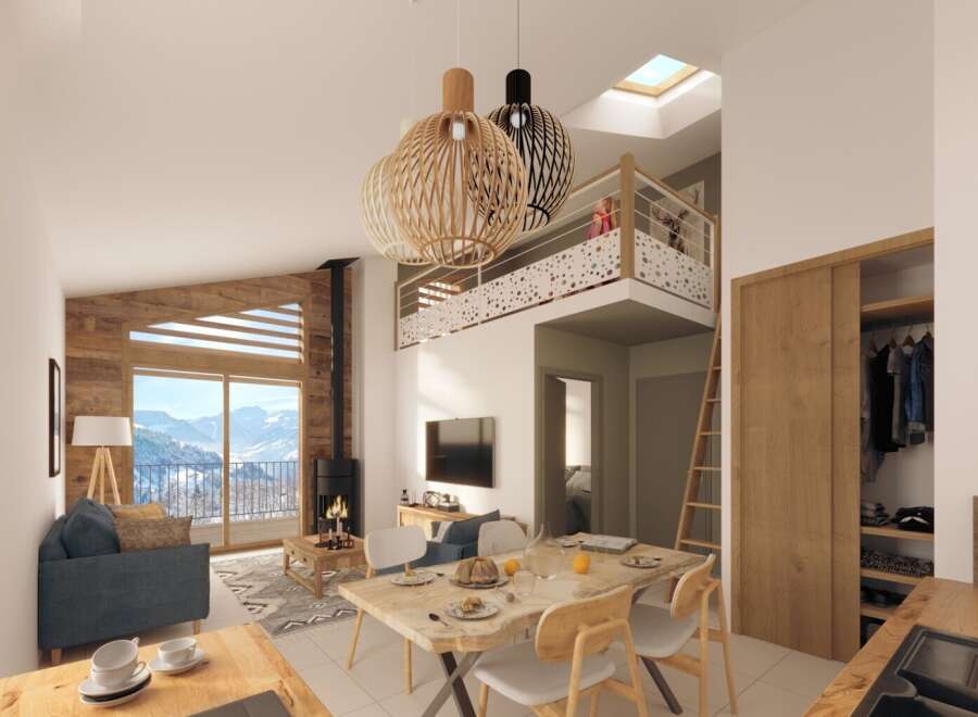 This stunning chalet boasts a spacious open-plan living area with breathtaking mountain views, perfect for a relaxing getaway.
