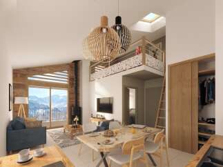 This stunning chalet boasts a spacious open-plan living area with breathtaking mountain views, perfect for a relaxing getaway.