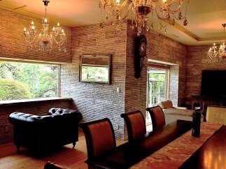 Luxurious living room with stunning stone wall accents and large windows offering scenic views.