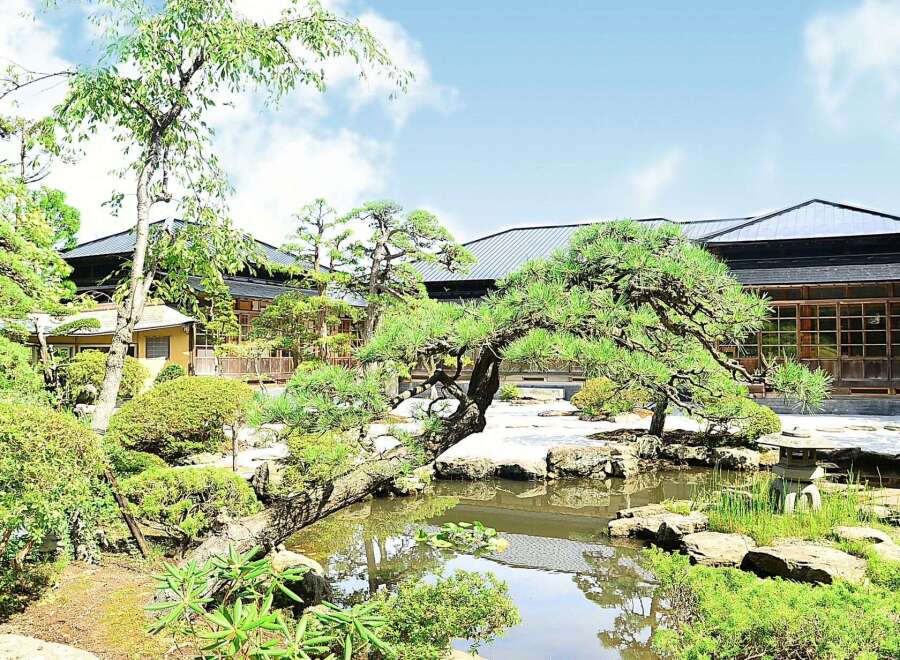 Discover serenity in this Japanese garden, featuring a tranquil pond, meticulously manicured landscaping, and traditional wooden buildings.
