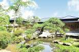 Discover serenity in this Japanese garden, featuring a tranquil pond, meticulously manicured landscaping, and traditional wooden buildings.