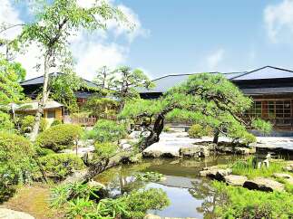 Discover serenity in this Japanese garden, featuring a tranquil pond, meticulously manicured landscaping, and traditional wooden buildings.