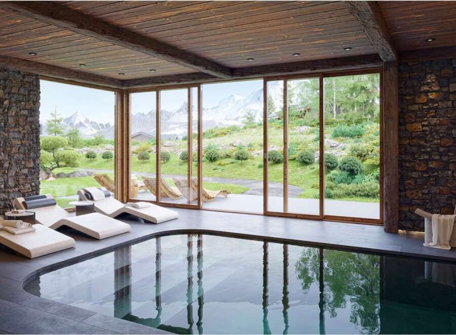 Luxury mountain retreat with indoor pool and stunning views.