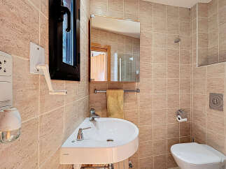 This charming bathroom features a modern corner sink, perfect for maximizing space.