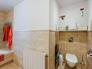 This bathroom features a stylish design with neutral-toned tiles and a modern toilet.