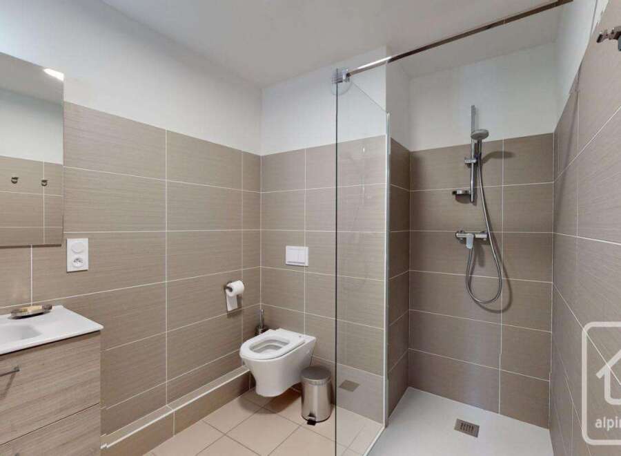 Modern bathroom with walk-in shower, stylish vanity, and toilet.