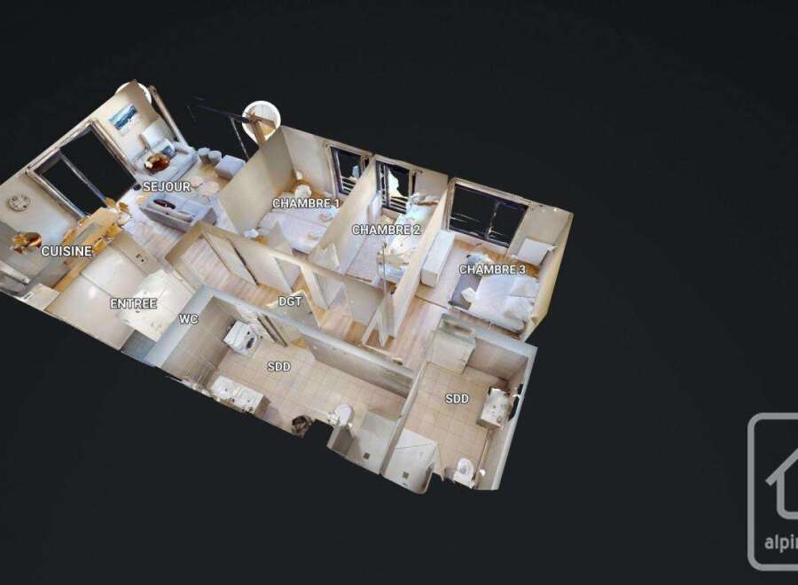 This stunning 3-bedroom apartment boasts a spacious living area, modern kitchen, and two bathrooms.