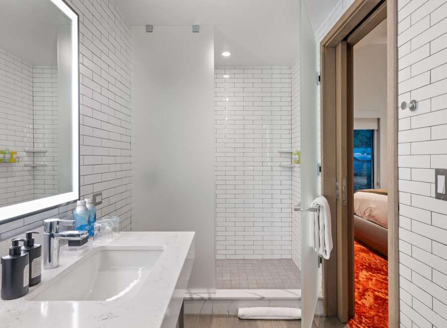Step into a modern bathroom with sleek design.