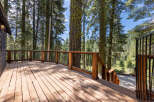 This stunning property boasts a spacious deck overlooking a breathtaking forest landscape.