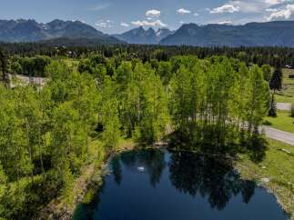 Mountain views and a serene pond enhance this picturesque property.