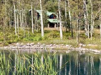 Nestled amidst a serene landscape, this property offers a tranquil retreat with a picturesque pond and lush greenery.