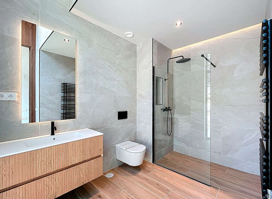 Step into a modern bathroom oasis.