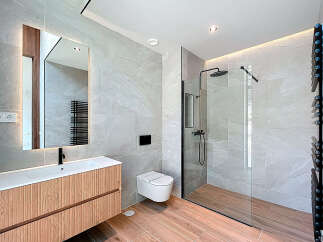 Step into a modern bathroom oasis.