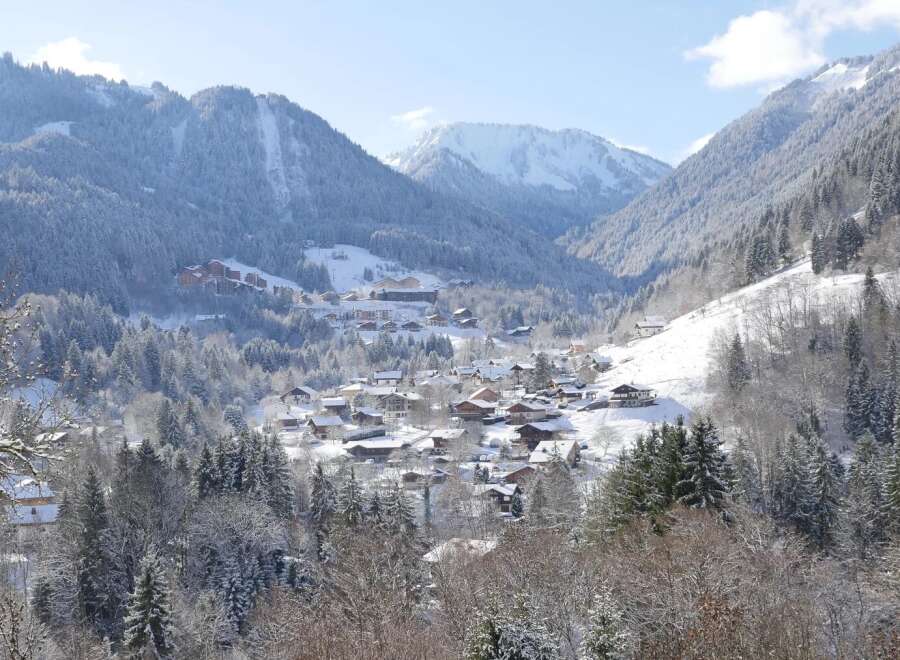 Nestled in a picturesque winter wonderland, this charming property offers breathtaking views of snow-capped mountains and a quaint village.
