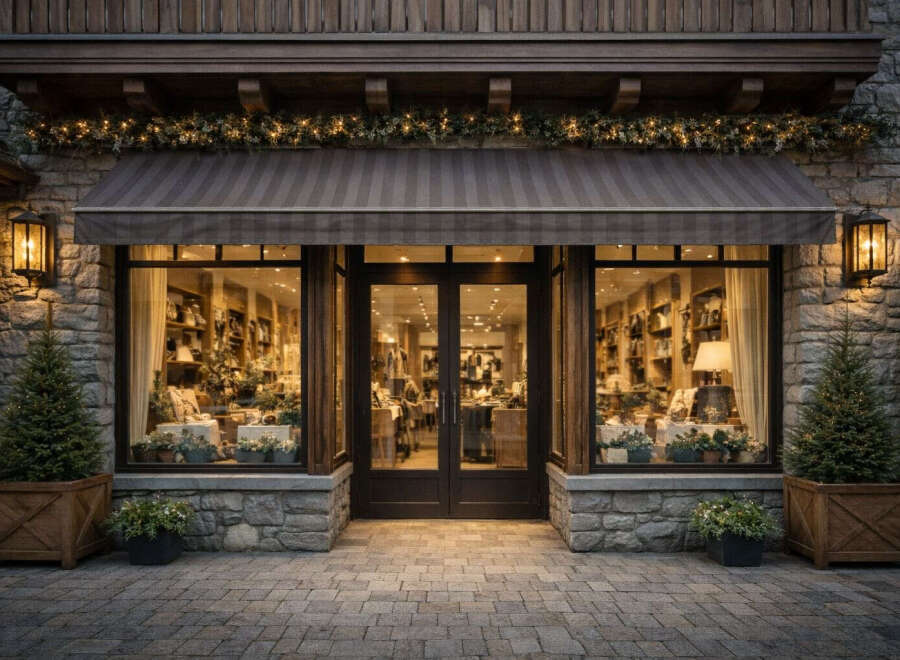 This charming storefront exudes a warm and inviting ambiance, perfect for a retail space or a cozy cafe.