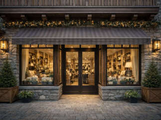 This charming storefront exudes a warm and inviting ambiance, perfect for a retail space or a cozy cafe.