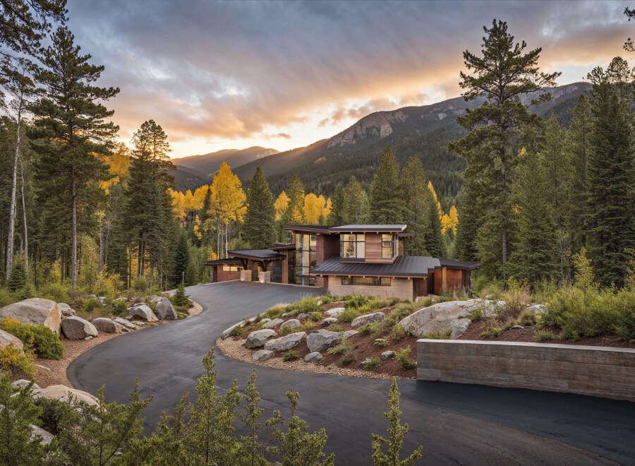 Nestled amidst a picturesque forest, this modern mountain home offers a tranquil retreat with stunning views.