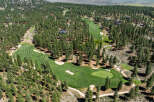 An aerial view showcases a golf course nestled within a dense forest.