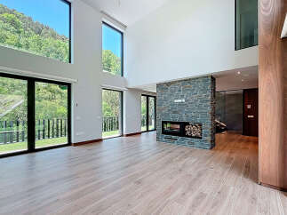 This modern living room features a striking stone fireplace, wood-look tile flooring, and expansive windows offering stunning views.
