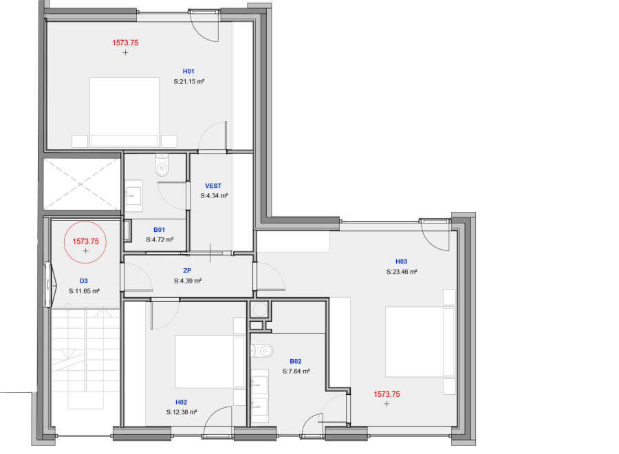This floor plan showcases a thoughtfully designed property with three bedrooms (H01, H02, H03), offering ample living space.