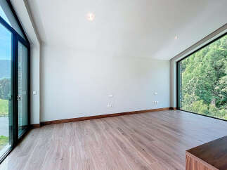 An expansive room features wood-look tile flooring and a natural wood baseboard, complemented by large windows that offer stunning views of the surrounding greenery.