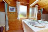 This charming bathroom features warm wood paneling on the walls and ceiling, creating a cozy and rustic atmosphere.