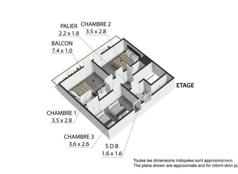 This is a floor plan of an apartment showcasing three bedrooms, a balcony, and a bathroom.