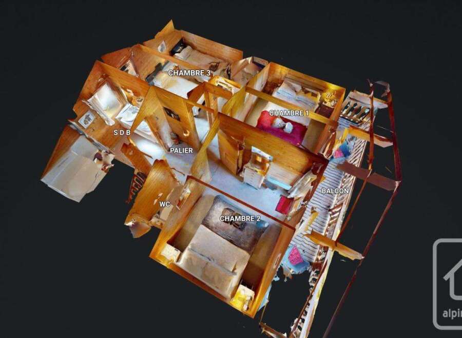 Explore this unique property layout featuring three 'chambres' (bedrooms), a 'sdb' (bathroom), a 'wc' (toilet), and a 'balcon' (balcony).