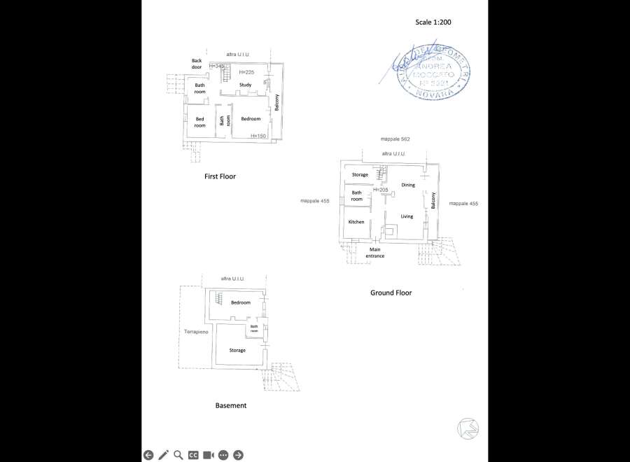 This is a blueprint of a house showcasing the basement, ground floor, and first floor layouts.
