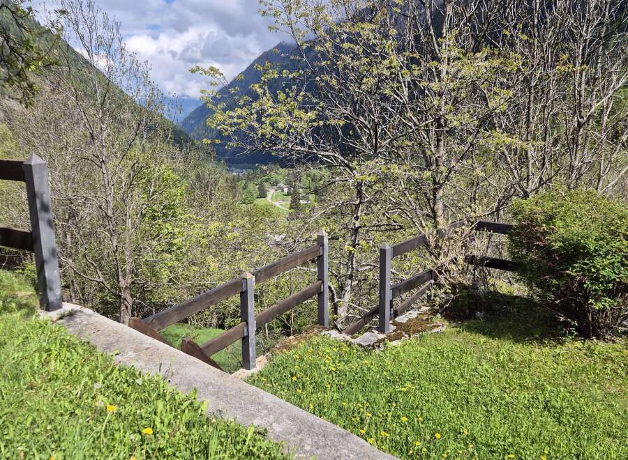 Discover a serene property with stunning mountain views, surrounded by lush greenery and a charming wooden fence.