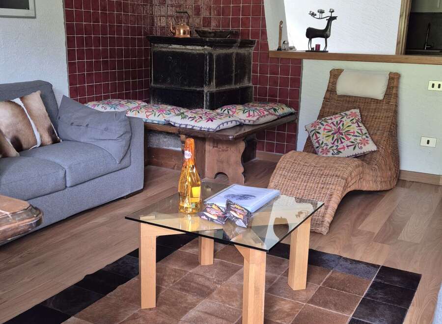 A cozy living room features a tiled fireplace with vintage accents, complemented by a comfortable gray sofa and a unique patchwork rug.