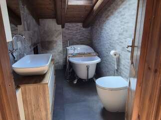 This bathroom features a rustic design with a wooden ceiling and beams, complemented by a skylight that brings in natural light.