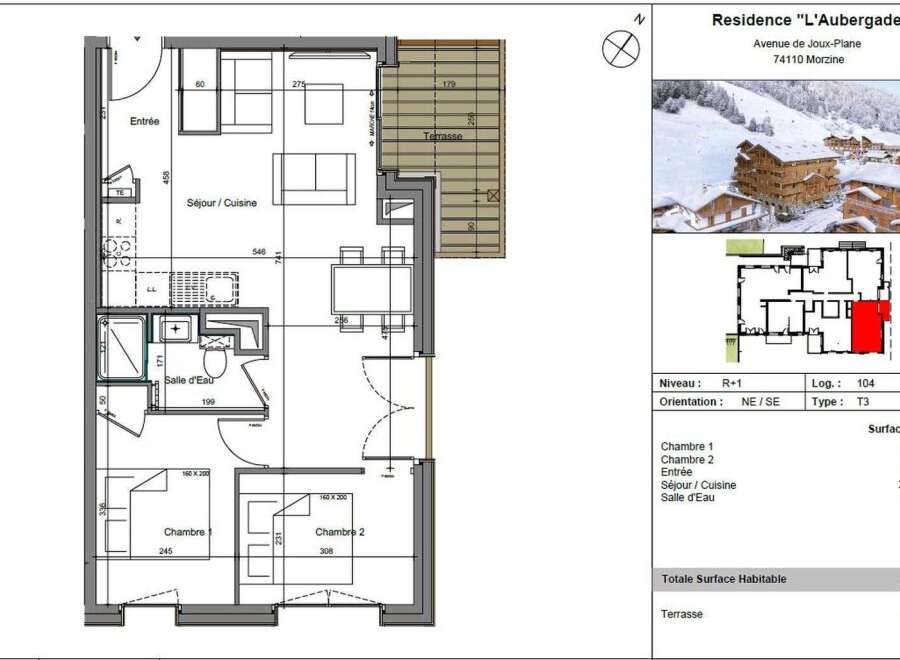 Discover this charming T3 apartment in Residence "L'Aubergade," Morzine, featuring a well-designed layout with a spacious living/kitchen area and a terrace.