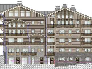 Discover this stunning chalet-style apartment building, featuring a harmonious blend of wood and stone elements.