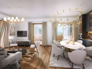 This luxurious living and dining area boasts an open floor plan, perfect for entertaining.