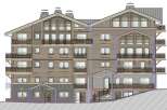 This is an architectural rendering of a multi-story condominium building with a rustic design, featuring wooden siding, multiple windows, and balconies.