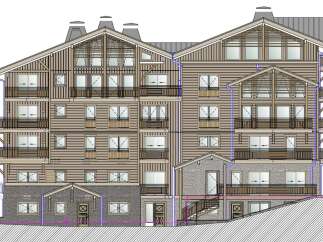 This is an architectural rendering of a multi-story condominium building with a rustic design, featuring wooden siding, multiple windows, and balconies.