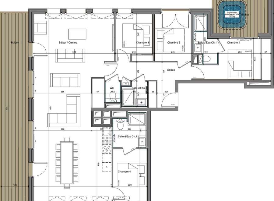 This spacious floor plan features four bedrooms, including a master suite with a private spa terrace.