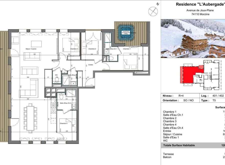 Explore this spacious T5 apartment in Residence "L'Aubergade," Morzine, featuring four bedrooms, a large living/kitchen area, and multiple bathrooms.