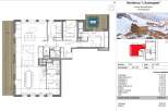 Explore this spacious T5 apartment in Residence "L'Aubergade," Morzine, featuring four bedrooms, a large living/kitchen area, and multiple bathrooms.