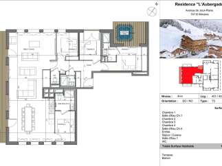 Explore this spacious T5 apartment in Residence "L'Aubergade," Morzine, featuring four bedrooms, a large living/kitchen area, and multiple bathrooms.