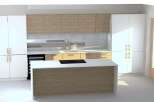 This modern kitchen features a central island with a white countertop and wooden base, complemented by sleek wooden cabinets and white wall-mounted cabinets with gold handles.
