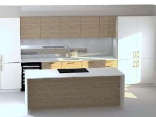 This modern kitchen features a central island with a white countertop and wooden base, complemented by sleek wooden cabinets and white wall-mounted cabinets with gold handles.